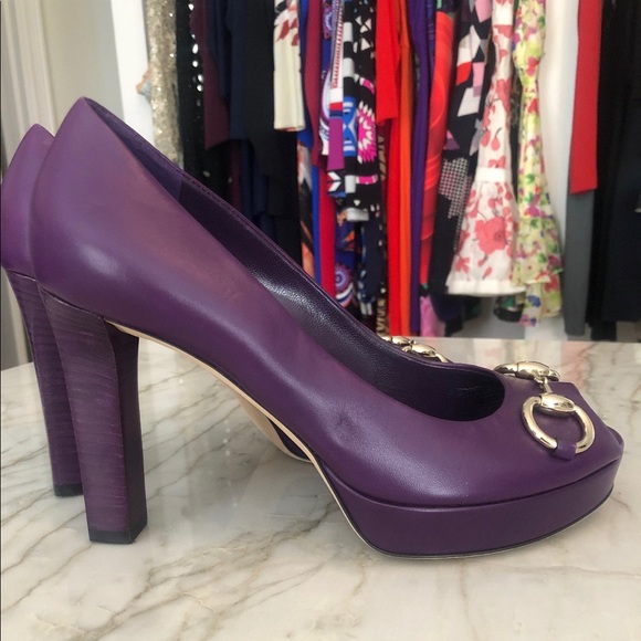 Purple Gucci Horsebit Leather Peep Toe Pumps - Picture 4 of 7